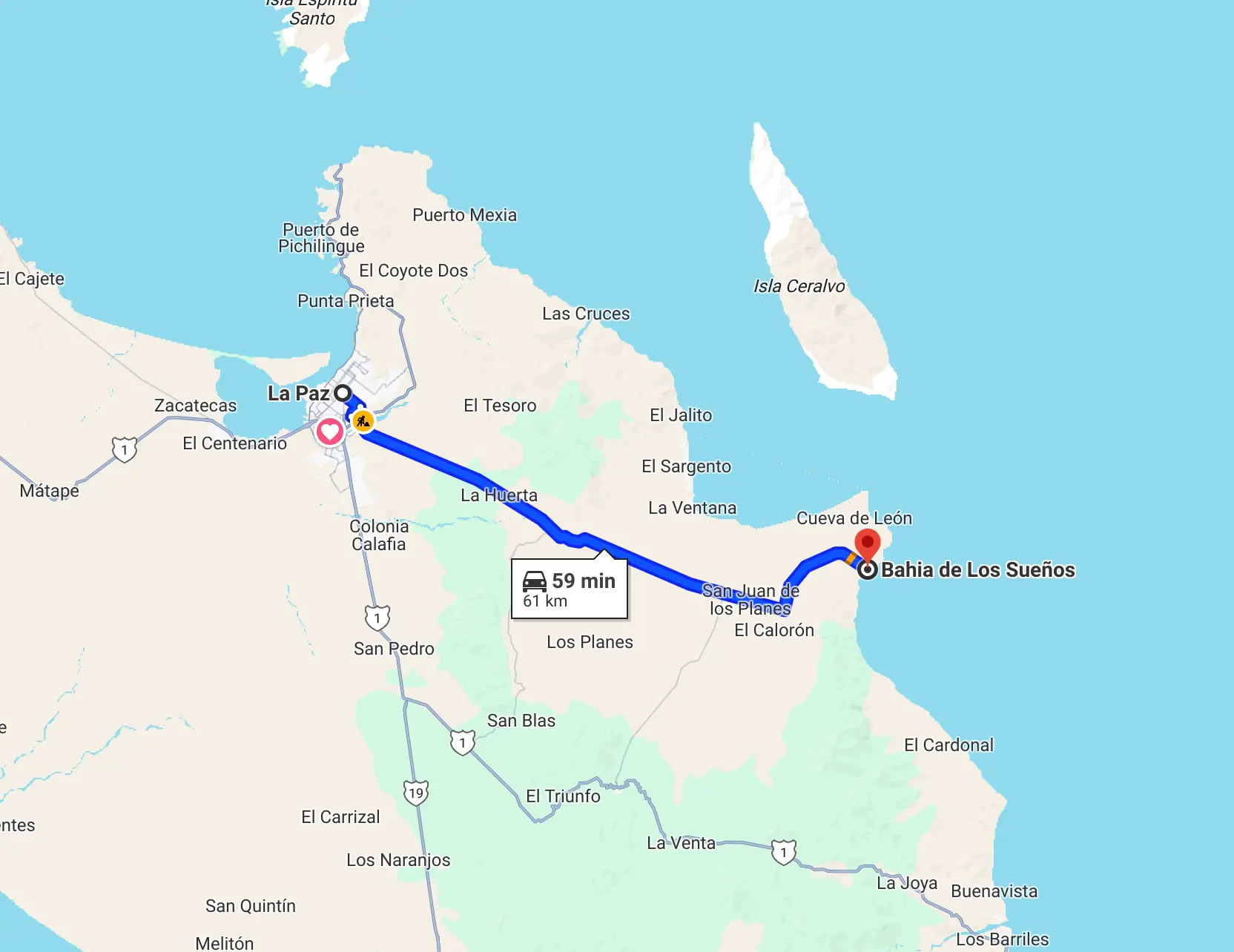 Mapa de la ruta hacia Bahia de Los Sueños